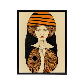 Artery8 Woman Portrait Mid Century Modern Framed Canvas Wall Art Print in Orange | Size: W24 x H32