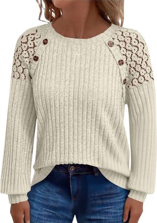 Generic Jumpers For Women UK Lace Raglan Button Sides Knitted Sweaters Oversized Long Sleeve Crewneck Sweater Ribbed Knit Pullover Jumper Tunic Tops Autumn Wi