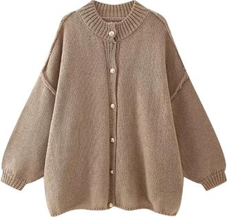 Generic Women Long Sleeve Knit Cardigan Sweater Solid Crew Neck Metal Buttons Loose Casual Jacket 6 M(US-6)