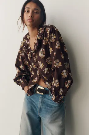 Pilcro Remy Shrunken Ruffle Collar Buttondown Shirt