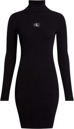 Calvin Klein Zwarte Badge Roll Neck Sweater Jurk - Dames - Kleedjes - Zwart - M - Kleedjes