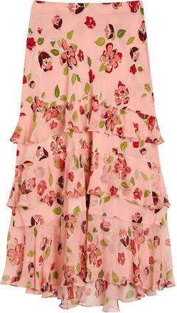 Rixo Rixo Preslee Floral Ruffled Silk-chiffon Midi Skirt - Pink - 16 (UK 16 / XL)