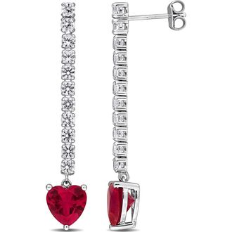 Delmar Sterling Silver Lab Grown White Sapphire & Ruby Heart Drop Earrings in Red at Nordstrom Rack
