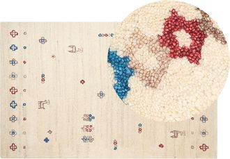 Beliani Alfombra Gabbeh De Lana Beige Rojo Azul Marr&oacute;n 140 X 200 Cm A Mano Floral Animal Suluca