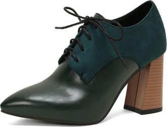 Generic Women Pointed Toe Oxfords Suede Panel Chunky Block Heel Lace Up Ankle Shoes Contrast Laces Non Slip Durable Comfortable Office Casual Dress Shoes,Gree