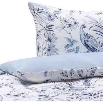 Beliani Conjunto De Fundas Y Almohada Algod&oacute;n Blanco Y Azul Estampado Floral 155 X 220 Cm Dormitorio Moderno Estilo Boho Ballard
