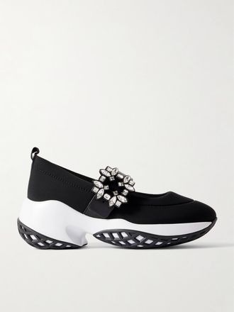 Roger Vivier Sneakers In Pelle E Maglia Stretch Con Cristalli Viv Run - Nero