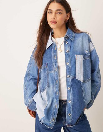 Free People patch detail oversized denim shirt in blue