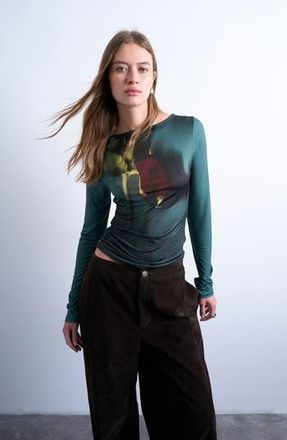 Topshop Abstract Floral Print Boat Neck Top in Dark Green at Nordstrom Rack, Size Small