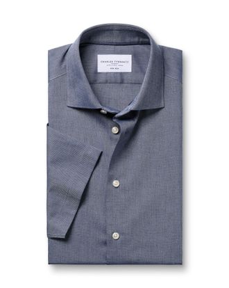 CHARLES TYRWHITT Short Sleeve Non-Iron Cotton Linen Shirt - Navy Size 15.5/SH by Charles Tyrwhitt