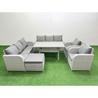 Fimous Pe Rattan High Back Lounge Sofa Set Patio Rectangular Dining Table & Chairs Set with 3 Seater Sofa Reclining Chair Big Footstool Light Grey - Fimous