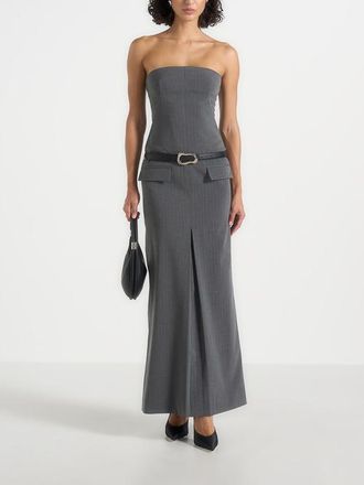 Mani&egrave;re De Voir Tabitha Tailored Pinstripe Bandeau Belted Maxi Dress in Grey at Nordstrom, Size 6