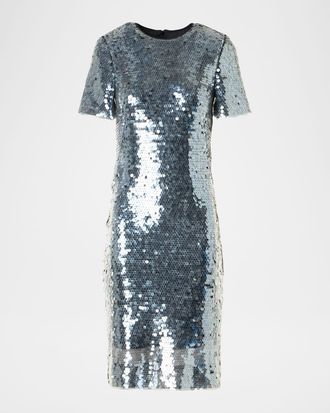 Akris Lucid Sequined Tulle Short-Sleeve Dress