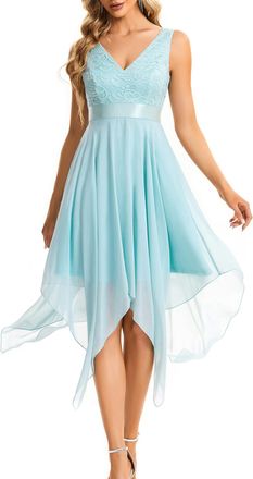 Ever-pretty Womens Sleeveless V Neck Empire Waist A Line Lace Chiffon Knee Length Cocktail Evening Dresses with Asymmetry Hem Blue 24UK
