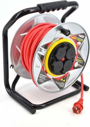 OEM Alargador Con Enrollador Met&aacute;lico Rojo Heavy Duty, Awtools, Modelo 25m 3x2,5mm 16a 3680w Ip44, Ideal Para Exteriores, Resistente Al Agua Y Polvo, Pote