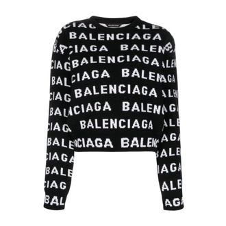 Balenciaga Round-neck Knitwear, female, Black, Size: M Intarsia-Knit Logo Wool Blend Sweater