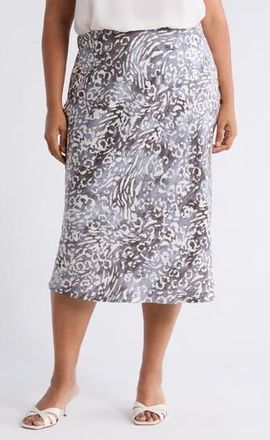 Renee C Animal Print Satin Midi Skirt in Charcoal at Nordstrom Rack, Size 1X
