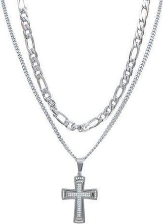 American Exchange Mens Set of 2 Figaro Chain & Pavé Crystal Cross Pendant Necklaces in Silver/Silver at Nordstrom Rack