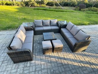 Fimous 11 Seater Rattan Outdoor Furniture Set Patio Garden Sofa Set with Square Coffee Table 3 Seater Sofa 2 Small Footstools in Dark Grey