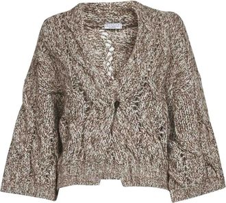 Brunello Cucinelli Truien & Vesten, Dames, Bruin, L, Pailletten, Chunky Kabeltrui met Pailletten