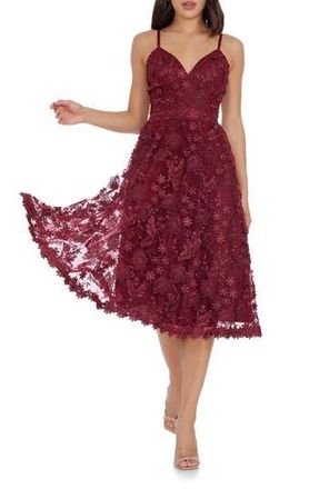 Dress The Population Tahani Floral Embroidered Fit & Flare Midi Dress in Burgundy at Nordstrom Rack, Size X-Large