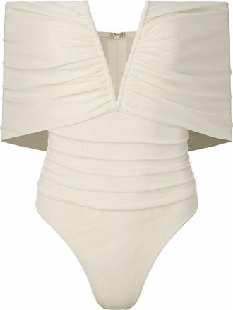 WeWoreWhat Ruched Off Shoulder Bodysuit in Ivory at Nordstrom, Size X-Small