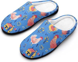 Generic Colorful Roosters Pattern Mens Soft Cotton Slippers with Memory Foam Anti-skid House Shoes for Travel Indoor Outdoor
