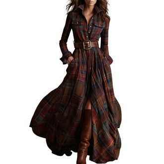 Generic Womens Plaid Shirt Maxi Dress,Long Sleeve Collared Belted Side Split Pocketed Flowy Casual Autumn Winter Country Western Daily Party Dress (Red, L)
