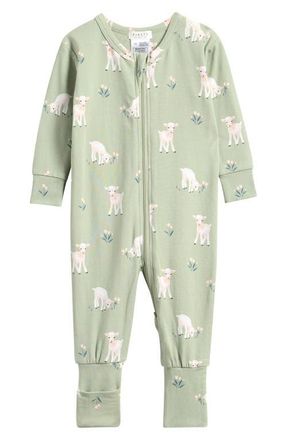 Petit Lem Little Lambs Fitted Stretch Organic Cotton Blend Convertible Footie Pajamas in Sage at Nordstrom, Size Newborn