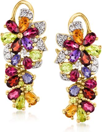 Ross-Simons Multi-Gemstone Floral Drop Earrings in 18kt Gold Over Sterling