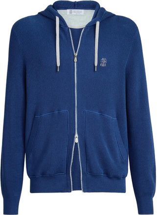Brunello Cucinelli Ribgebreide hoodie - Blauw