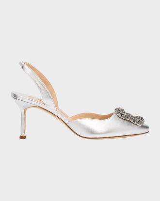 Manolo Blahnik 70mm Hangisli Metallic Leather Slingback Pumps with Crystal Buckle