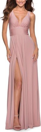 La Femme Empire Waist Gown with Deep V Neckline in Mauve at Nordstrom, Size 18
