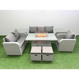 Fimous Patio pe Wicker 8 Seater Outdoor Rattan Furniture Sofa Sets with Firepit Dining Table Reclining Chair Loveseat Sofa 3 Seater Sofa Stool 2 Side Table