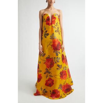 Carolina Herrera Rose Print Strapless Silk Organza Gown in Saffron Multi at Nordstrom, Size 10