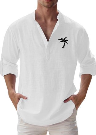 Generic Mens Cotton Linen Henley T-Shirt Casual Button V Neck Short Sleeve Shirt Loose Fit Lightweight Soft Comfy Breathable Summer Beach Vacation Tops