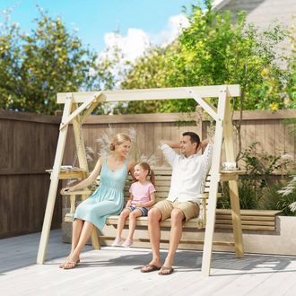 OUTSUNNY 3 Seater Wooden Garden Swing Chair with Side Tables in Natural | Size: 2000mm x 2000mm