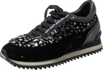 Le Silla Black Velvet And Leather Crystal Embellished Low Top Sneakers