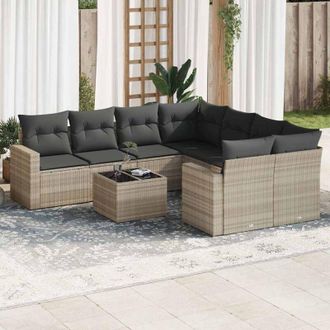 vidaXL Set Muebles Jard&iacute;n 9 Pzas Y Cojines Rat&aacute;n Sint&eacute;tico Gris Claro Vidaxl