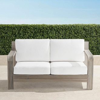 Frontgate Catania Loveseat with Cushions in Weathered Teak - Standard, Boucle Snow - Frontgate