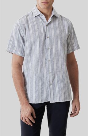 Robert Barakett Daiki Stripe Short Sleeve Button-Up Shirt in Powder Blue at Nordstrom, Size Xx-Large