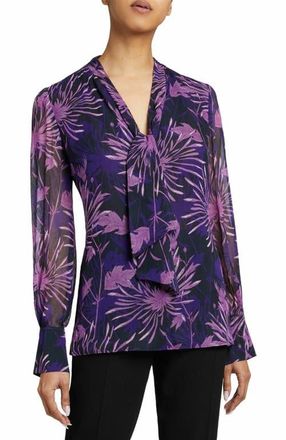 Santorelli Francis Blouse with Neck Tie in Abstract Floral Crinkled Georgette in Cool Purple at Nordstrom, Size 4