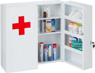 Relaxdays Relaxdays - Armario Botiqu&iacute;n Extragrande Con Cerradura, 11 Compartimentos, Acero, 53,5x53x19 Cm, 2 Puertas, Blanco Y Rojo