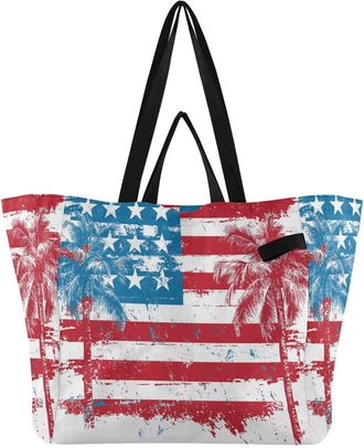 Generic Usa Flag Red Palms pattern Reusable Canvas Tote Bag, Heavy Duty Grocery Shopping Bag with Large Capacity Double Handles Hard Bottom Work Groceries Tra
