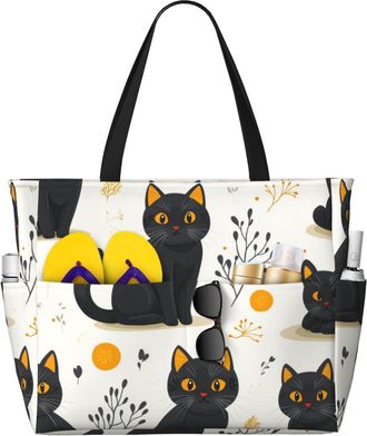 Generic Cute Cat Print Large Beach Bag Foldable Travel Shoulder Tote Bag With Pocket For Weekender Pool Vacation