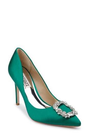 Badgley Mischka Badgley Mischka Collection Cher Crystal Embellished Pump in Emrld Satn at Nordstrom Rack, Size 6.5