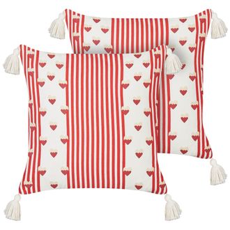 Beliani Beliani - Conjunto De 2 Cojines Decorativos Modernos 45 X 45 Cm Motivo Corazones Fundas Extra&iacute;bles Blanco Y Rojo Banksia