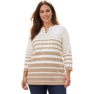 Jessica London Stretch Cotton Lace-Up Boatneck Tunic in New Khaki Border Stripe at Nordstrom, Size Medium