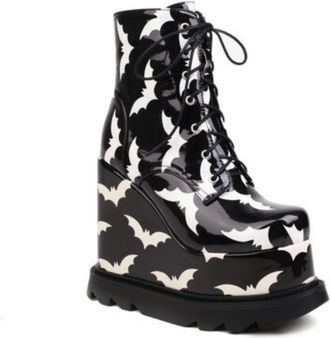 Generic Womens Wedge Heel Platform Punk Boots Round Toe Patent Leather Gothic Booties Lace Up Short Boots with Side Zipper,Black,6.5 UK