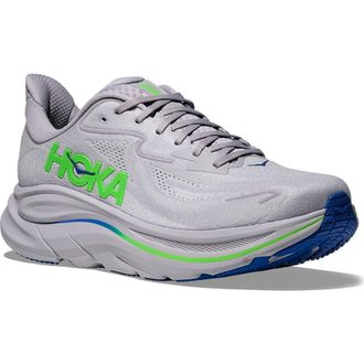 Hoka One One Clifton 10 Running Shoe - Wide Width Available in Ash Grey /Neon Green at Nordstrom, Size 10.5